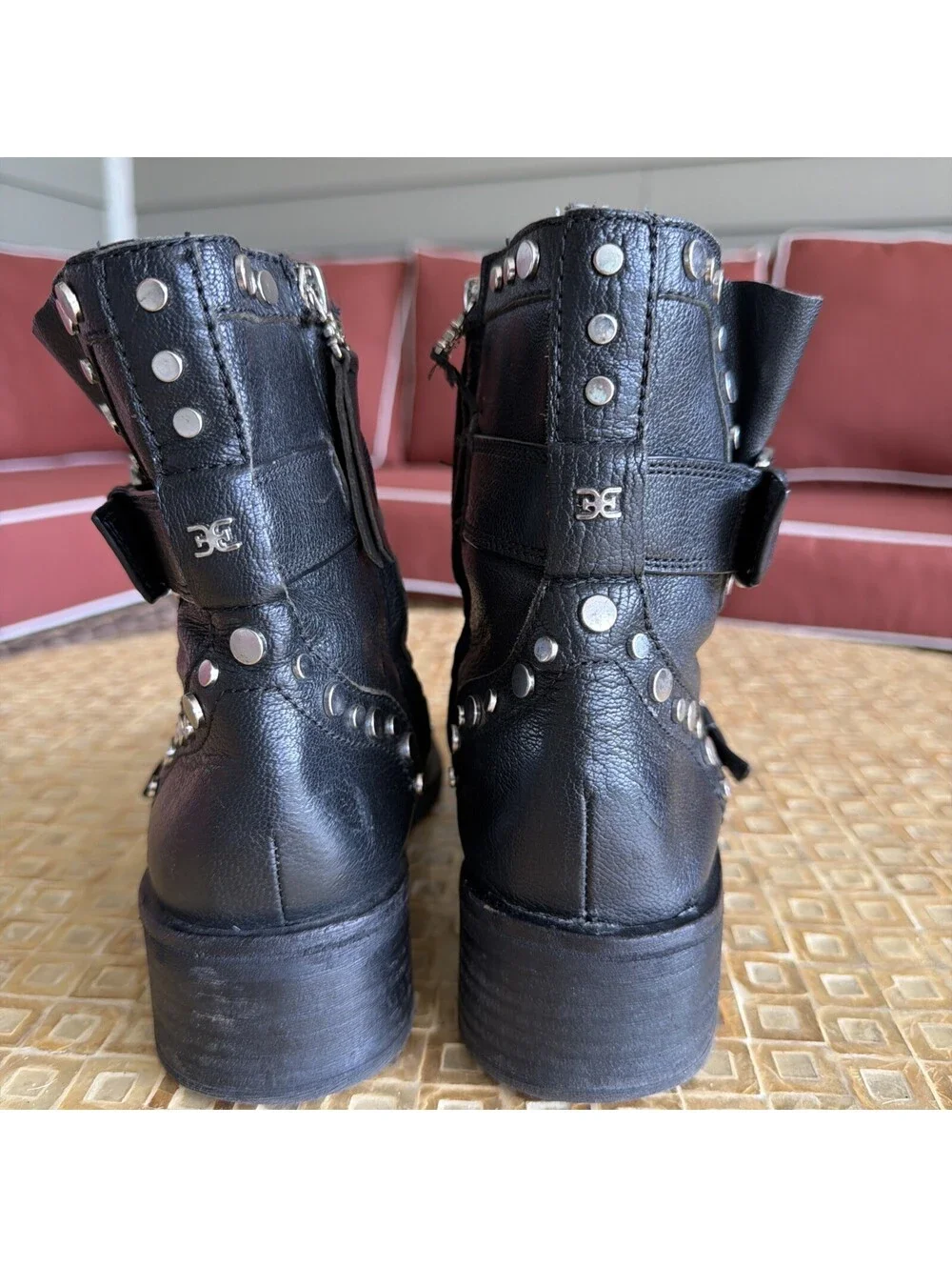 Sam Edelman Womens Drea Black Leather Studded Side Zip Moto Boots Size US 7